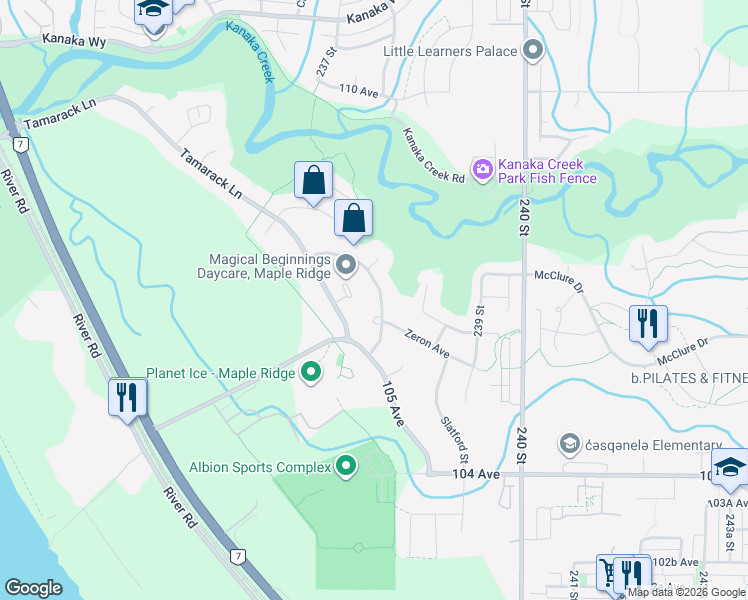 map of restaurants, bars, coffee shops, grocery stores, and more near 10442 Tamarack Crescent in Maple Ridge