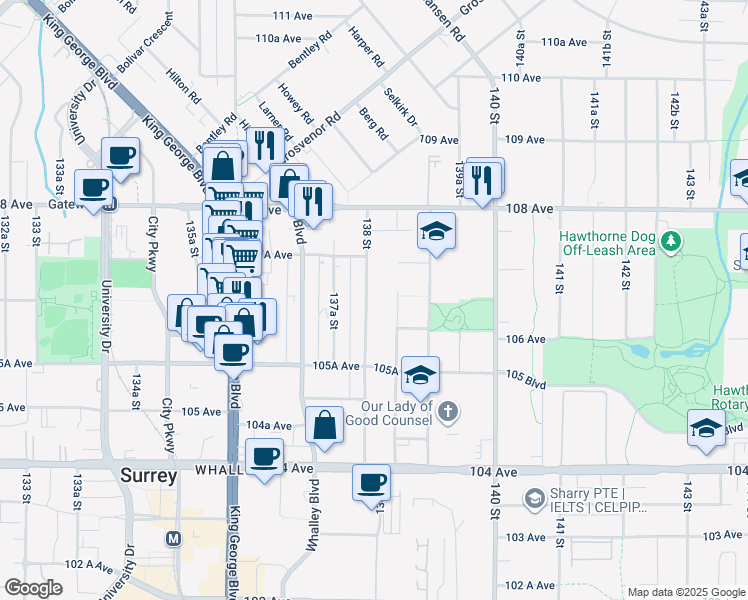 map of restaurants, bars, coffee shops, grocery stores, and more near 10658 138 Street in Surrey