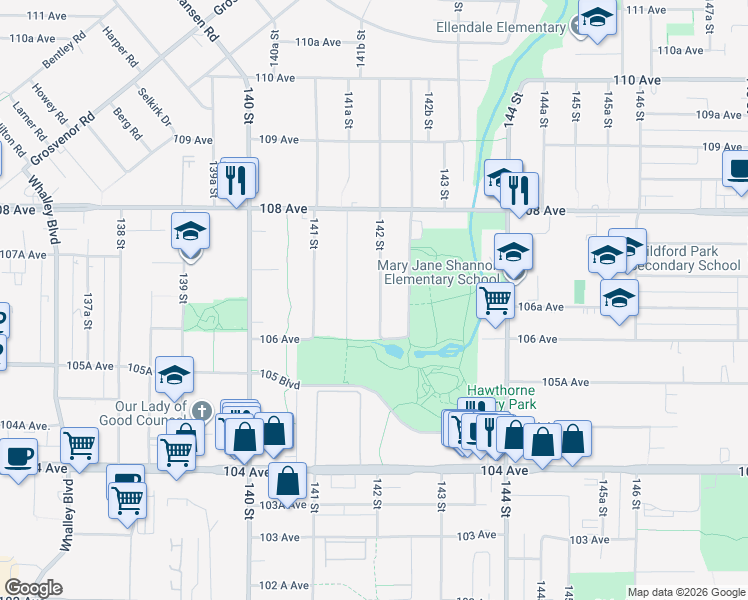 map of restaurants, bars, coffee shops, grocery stores, and more near 10661 142 Street in Surrey