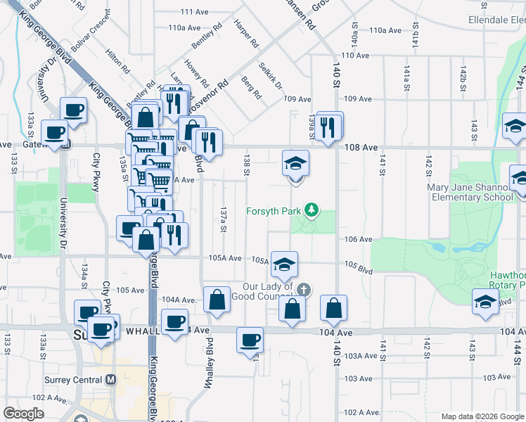 map of restaurants, bars, coffee shops, grocery stores, and more near 10661 138A Street in Surrey