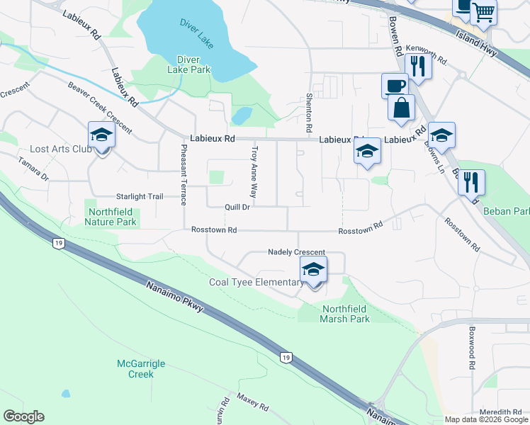map of restaurants, bars, coffee shops, grocery stores, and more near 2332 Troy Anne Way in Nanaimo