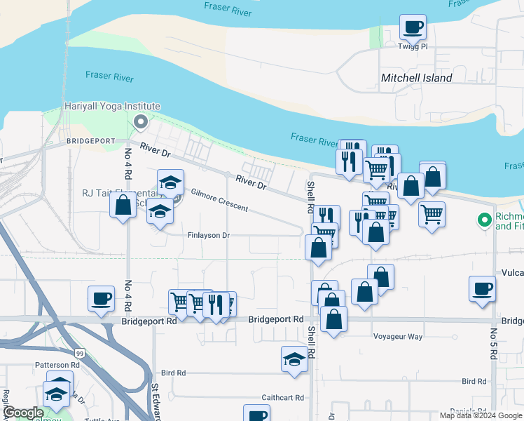 map of restaurants, bars, coffee shops, grocery stores, and more near 10555 Gilmore Crescent in Richmond