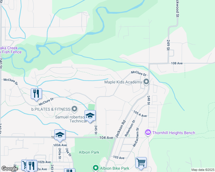 map of restaurants, bars, coffee shops, grocery stores, and more near 10676 245B Street in Maple Ridge