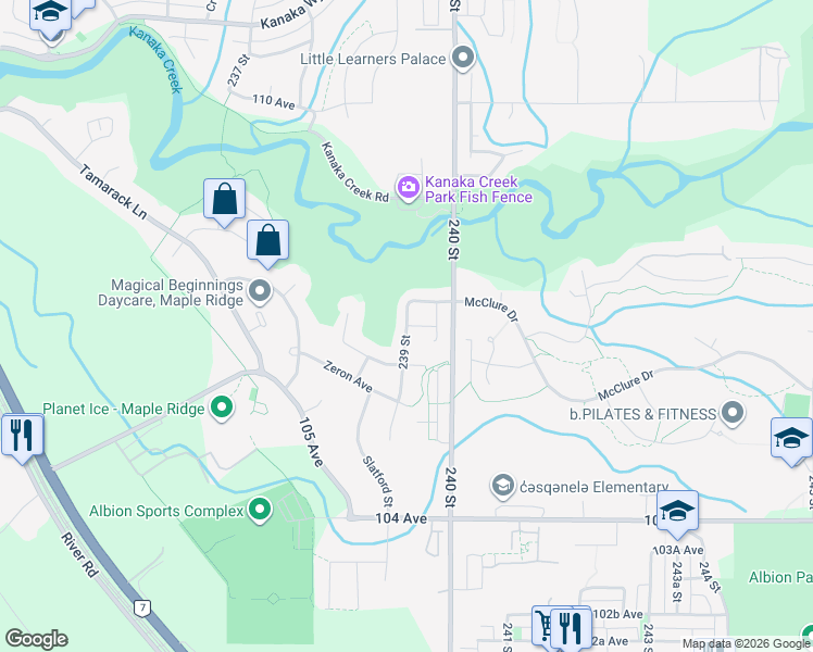 map of restaurants, bars, coffee shops, grocery stores, and more near 239 Street in Maple Ridge