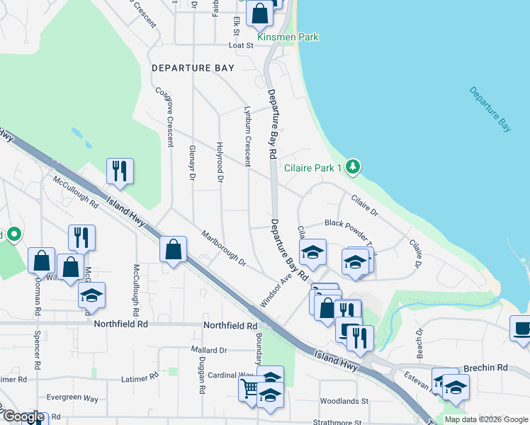 map of restaurants, bars, coffee shops, grocery stores, and more near 2415 Departure Bay Road in Nanaimo