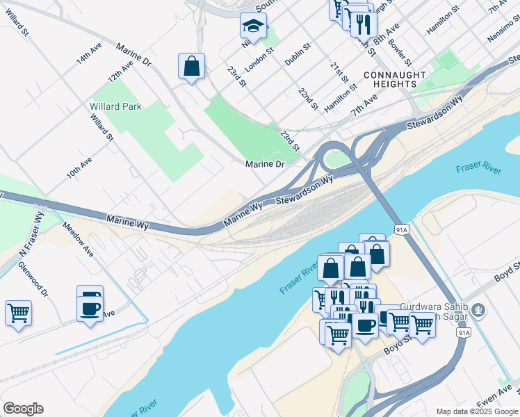 map of restaurants, bars, coffee shops, grocery stores, and more near 6508 Marine Way in Burnaby