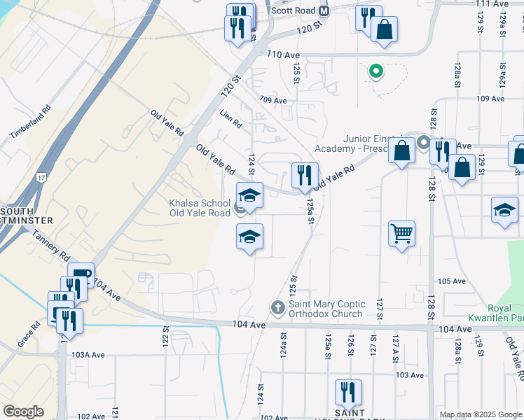 map of restaurants, bars, coffee shops, grocery stores, and more near 10648 124 Street in Surrey