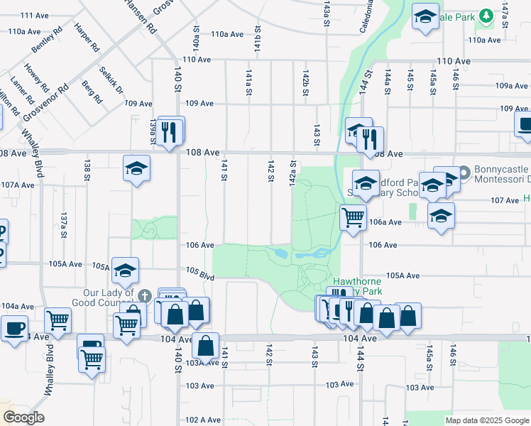 map of restaurants, bars, coffee shops, grocery stores, and more near 10669 142 Street in Surrey