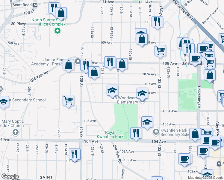 map of restaurants, bars, coffee shops, grocery stores, and more near 12967 106A Avenue in Surrey