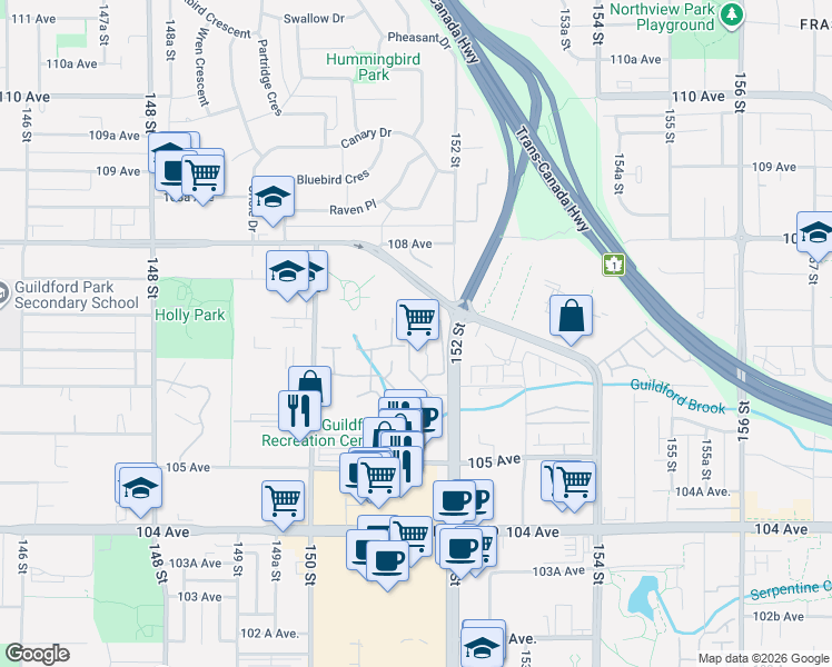map of restaurants, bars, coffee shops, grocery stores, and more near 10680 151A Street in Surrey