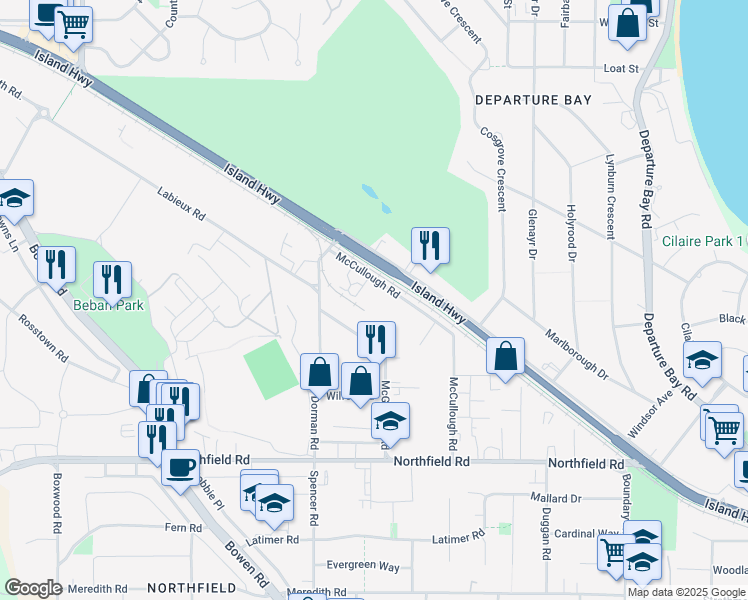 map of restaurants, bars, coffee shops, grocery stores, and more near 2575 McCullough Road in Nanaimo