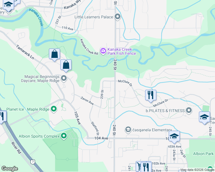 map of restaurants, bars, coffee shops, grocery stores, and more near 23965 107 Avenue in Maple Ridge