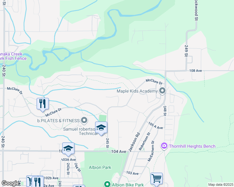 map of restaurants, bars, coffee shops, grocery stores, and more near 24575 106B Avenue in Maple Ridge