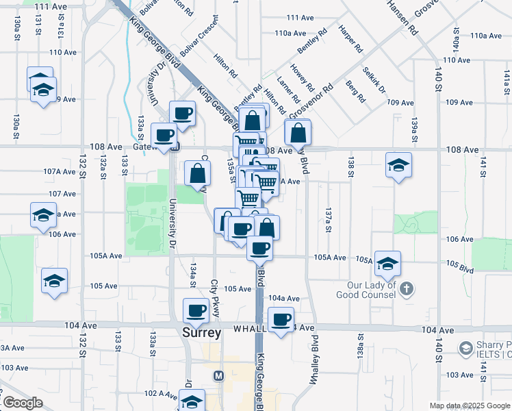map of restaurants, bars, coffee shops, grocery stores, and more near 10663 King George Boulevard in Surrey