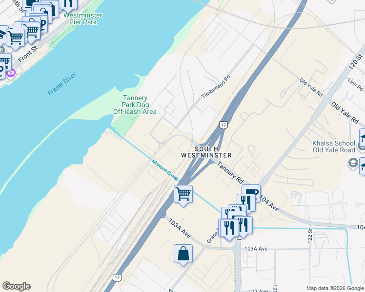map of restaurants, bars, coffee shops, grocery stores, and more near 11828 Tannery Road in Surrey