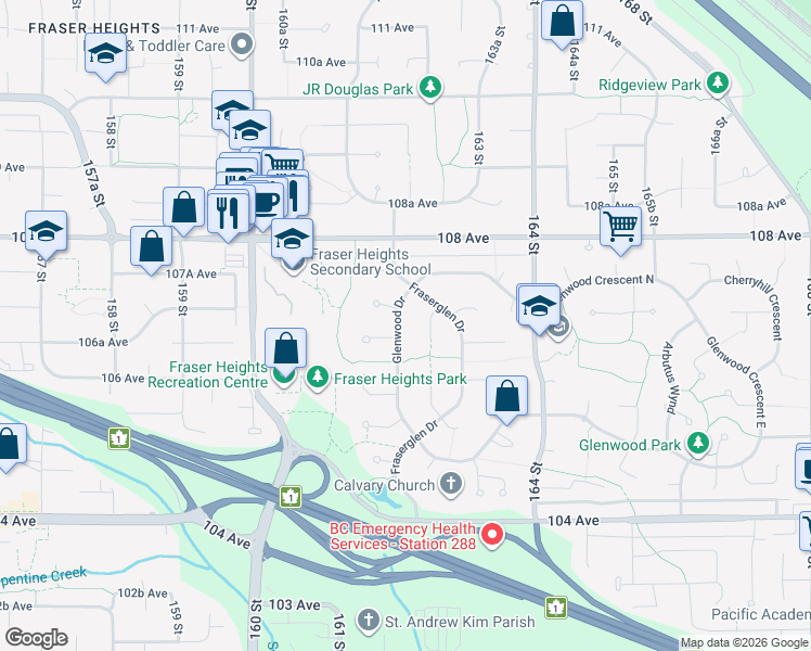 map of restaurants, bars, coffee shops, grocery stores, and more near 10672 Glenwood Drive in Surrey