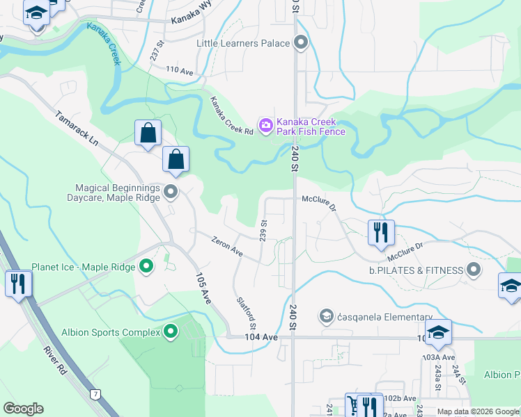 map of restaurants, bars, coffee shops, grocery stores, and more near 10723 239 Street in Maple Ridge