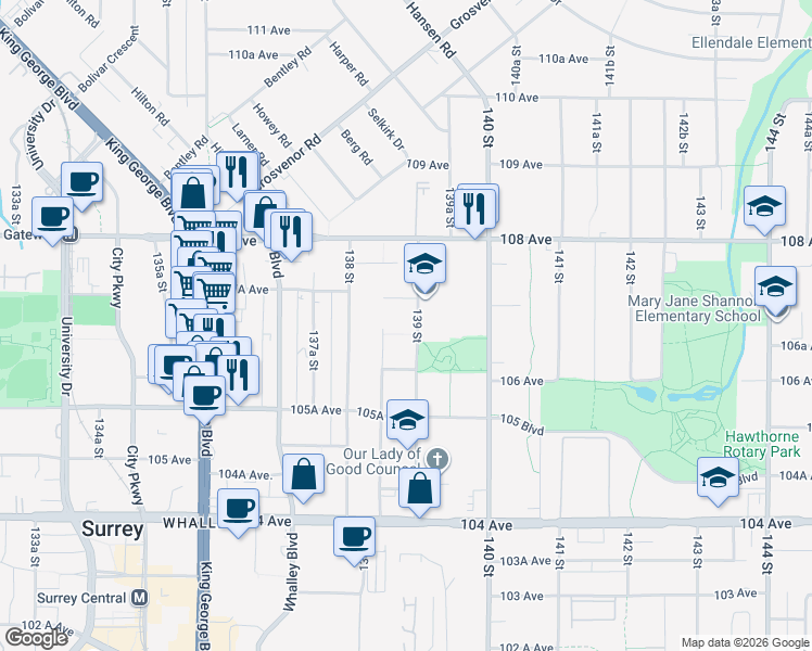 map of restaurants, bars, coffee shops, grocery stores, and more near 10665 139 Street in Surrey
