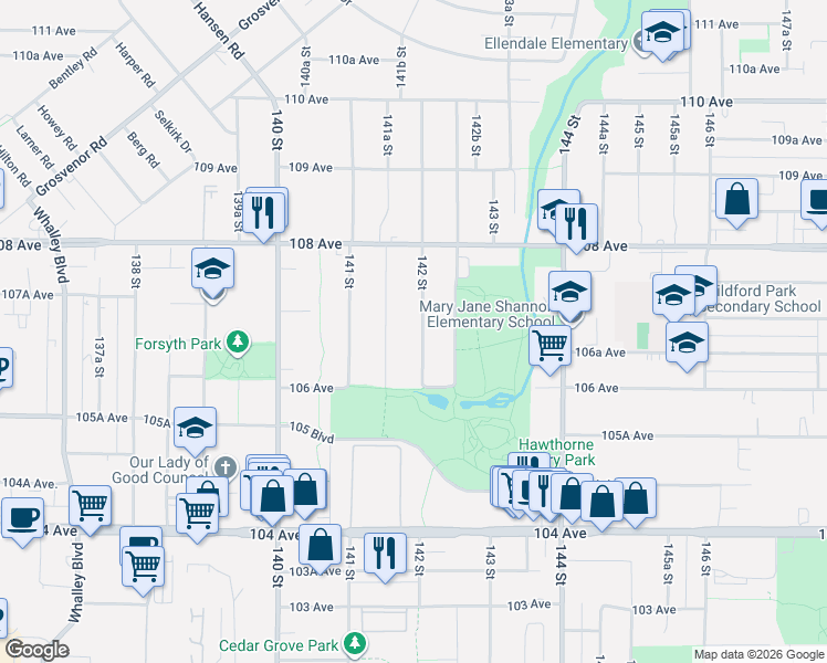 map of restaurants, bars, coffee shops, grocery stores, and more near 10677 142 Street in Surrey