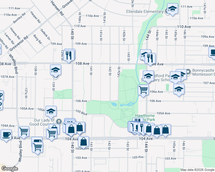 map of restaurants, bars, coffee shops, grocery stores, and more near 10677 142 Street in Surrey