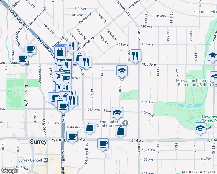 map of restaurants, bars, coffee shops, grocery stores, and more near in Surrey