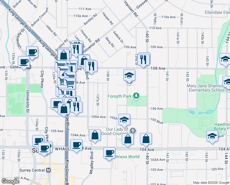 map of restaurants, bars, coffee shops, grocery stores, and more near 10675 138A Street in Surrey