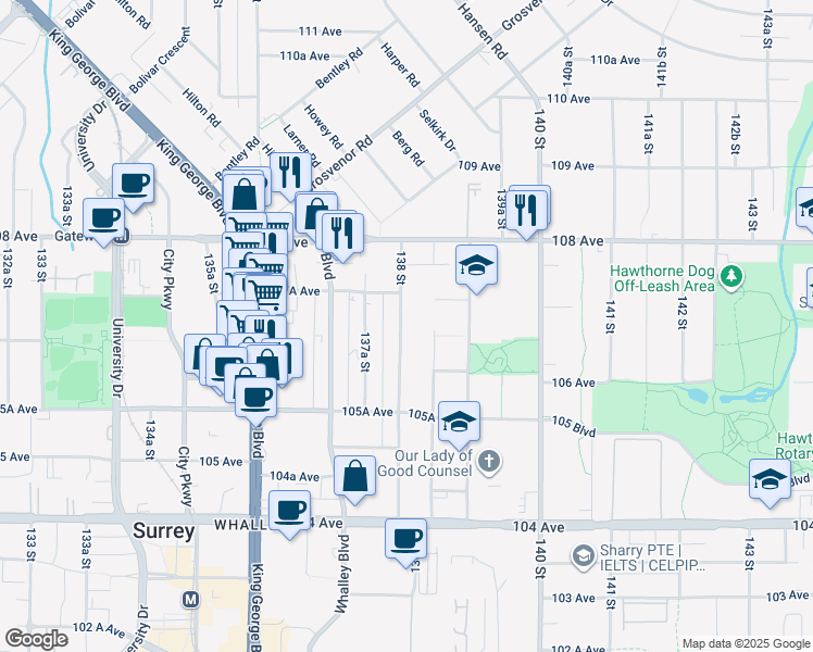 map of restaurants, bars, coffee shops, grocery stores, and more near 10668 138 Street in Surrey