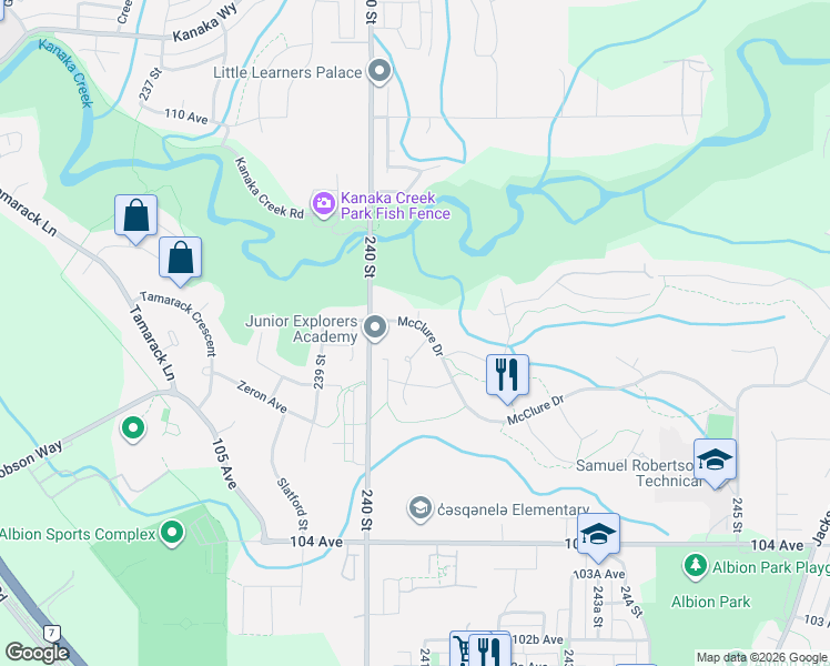 map of restaurants, bars, coffee shops, grocery stores, and more near 24052 McClure Drive in Maple Ridge