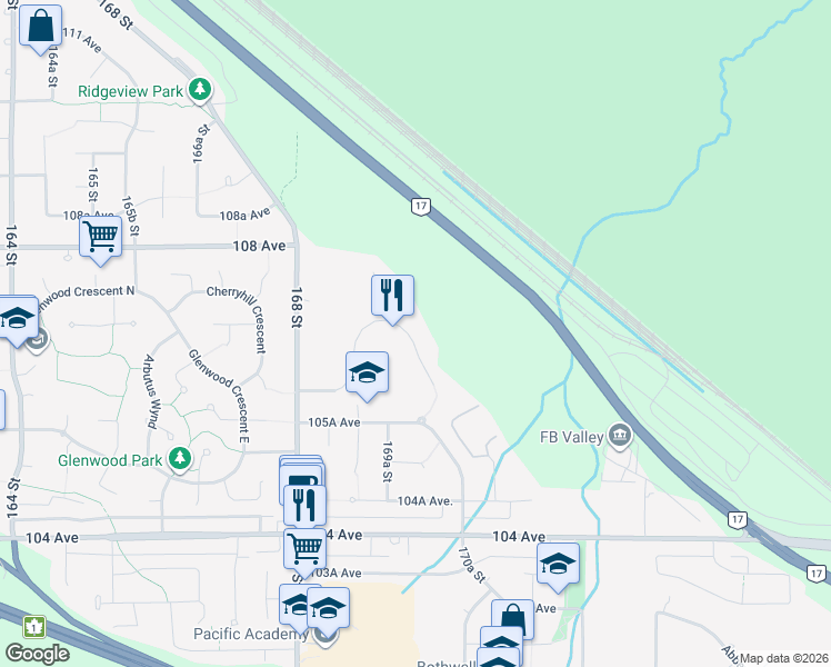 map of restaurants, bars, coffee shops, grocery stores, and more near 10695 Salisbury Drive in Surrey