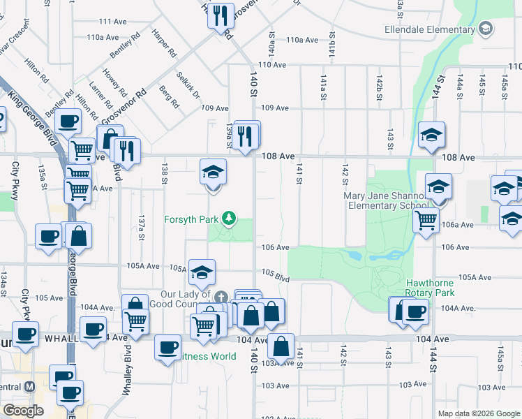 map of restaurants, bars, coffee shops, grocery stores, and more near 10688 140 Street in Surrey