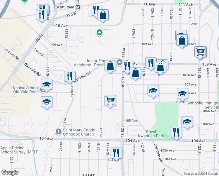 map of restaurants, bars, coffee shops, grocery stores, and more near 10671 127A Street in Surrey