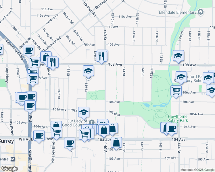 map of restaurants, bars, coffee shops, grocery stores, and more near in Surrey