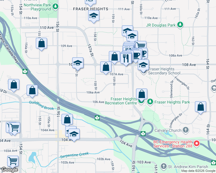 map of restaurants, bars, coffee shops, grocery stores, and more near 15862 107 Avenue in Surrey