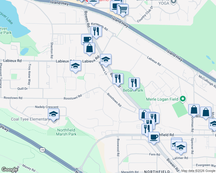 map of restaurants, bars, coffee shops, grocery stores, and more near 2373 Browns Lane in Nanaimo