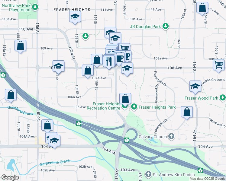 map of restaurants, bars, coffee shops, grocery stores, and more near 10685 160 Street in Surrey