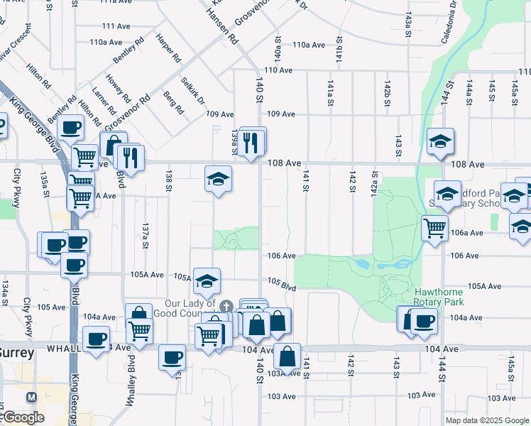 map of restaurants, bars, coffee shops, grocery stores, and more near 10688 140 Street in Surrey