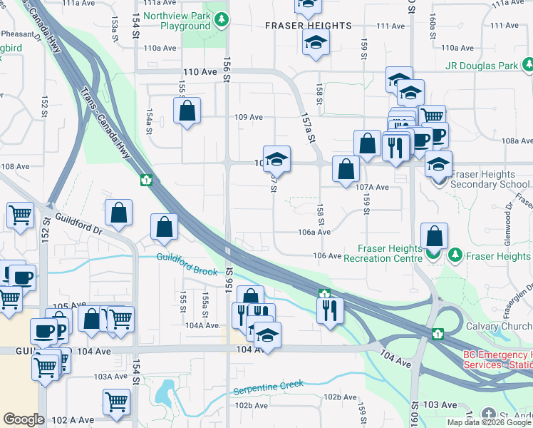 map of restaurants, bars, coffee shops, grocery stores, and more near 15674 107 Avenue in Surrey