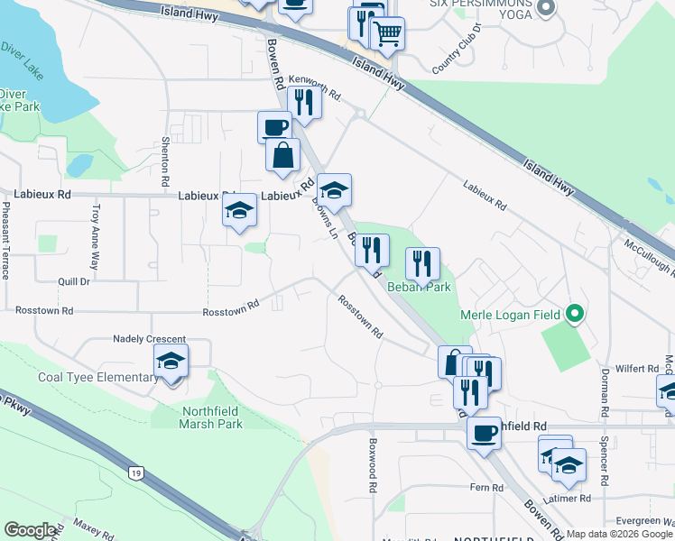 map of restaurants, bars, coffee shops, grocery stores, and more near 2352 Rosstown Road in Nanaimo
