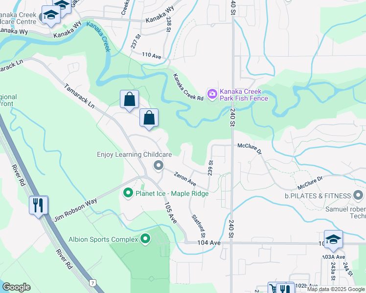 map of restaurants, bars, coffee shops, grocery stores, and more near 10613 238 Street in Maple Ridge