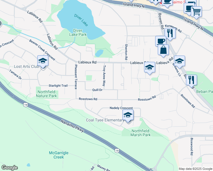 map of restaurants, bars, coffee shops, grocery stores, and more near 2332 Troy Anne Way in Nanaimo