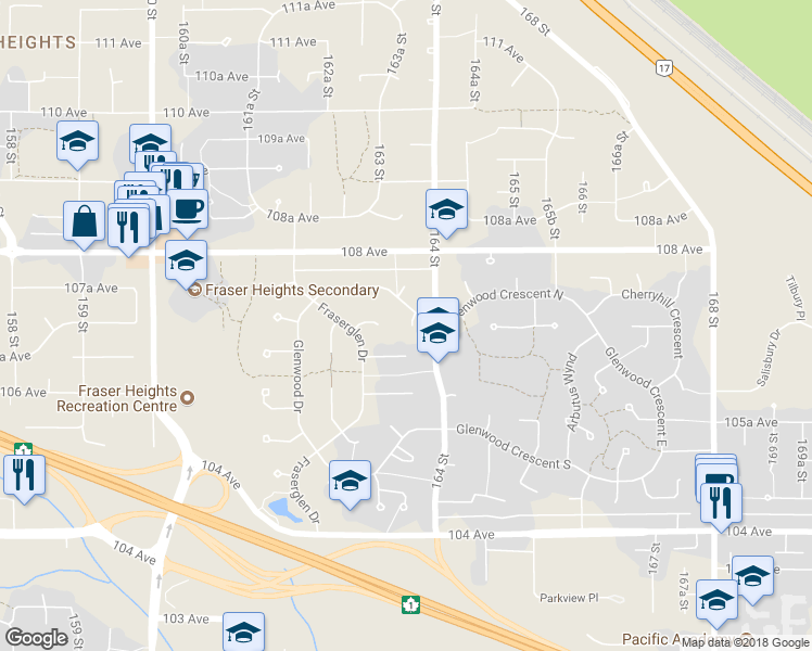 map of restaurants, bars, coffee shops, grocery stores, and more near 10681 Eastglen Place in Surrey