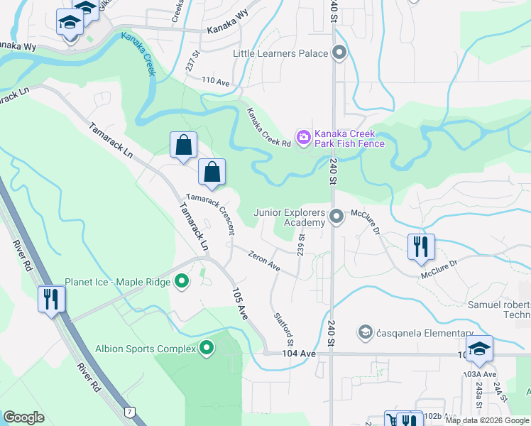 map of restaurants, bars, coffee shops, grocery stores, and more near 10615 238 Street in Maple Ridge