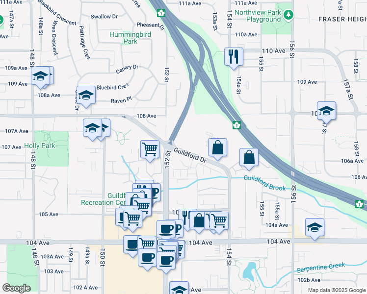 map of restaurants, bars, coffee shops, grocery stores, and more near 10756 Guildford Drive in Surrey