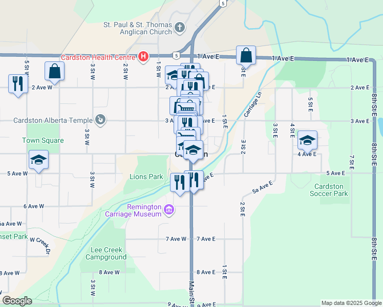 map of restaurants, bars, coffee shops, grocery stores, and more near 450 Main Street in Cardston