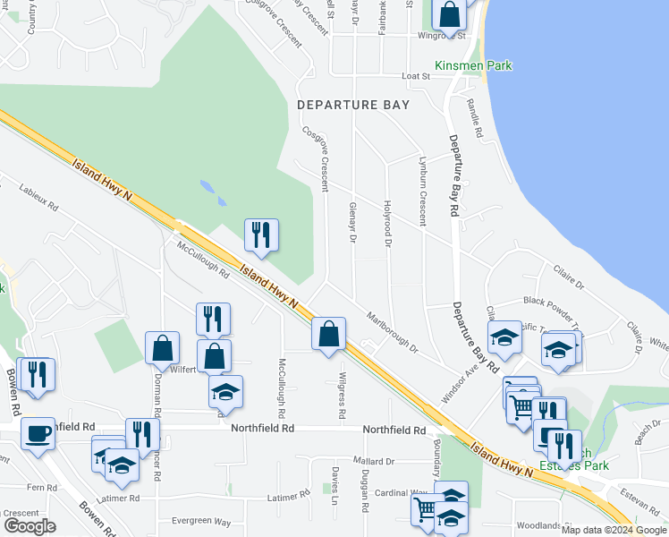 map of restaurants, bars, coffee shops, grocery stores, and more near 2416 Cosgrove Crescent in Nanaimo