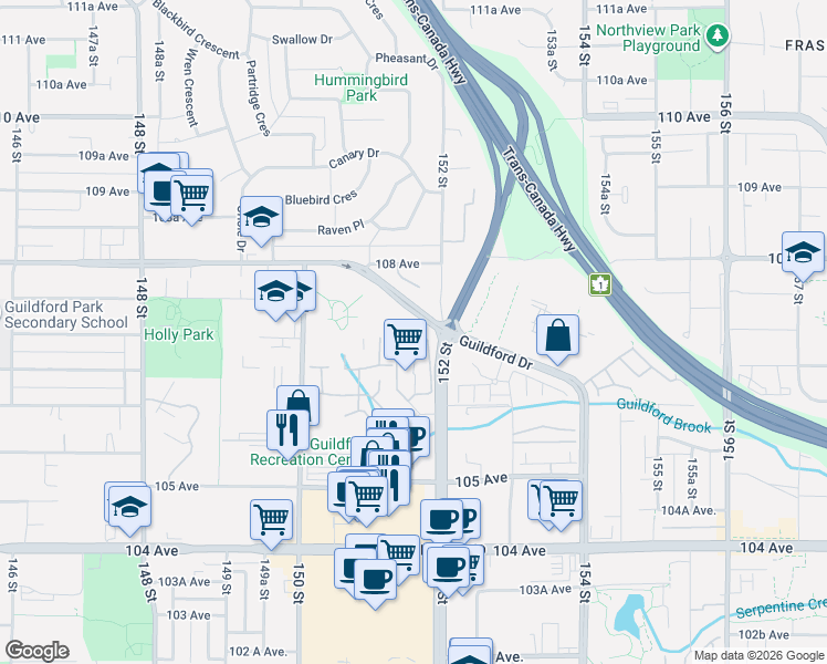 map of restaurants, bars, coffee shops, grocery stores, and more near 10698 151A Street in Surrey