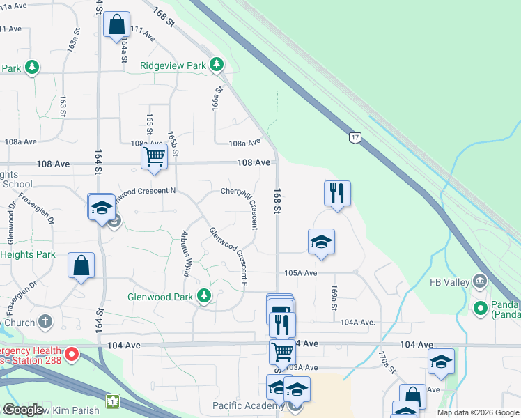 map of restaurants, bars, coffee shops, grocery stores, and more near 16695 Cherryhill Crescent in Surrey