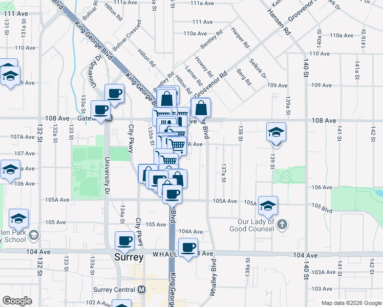 map of restaurants, bars, coffee shops, grocery stores, and more near 14955 107 Avenue in Surrey