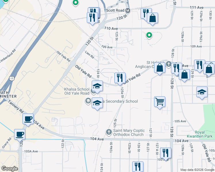 map of restaurants, bars, coffee shops, grocery stores, and more near 12456 Old Yale Road in Surrey