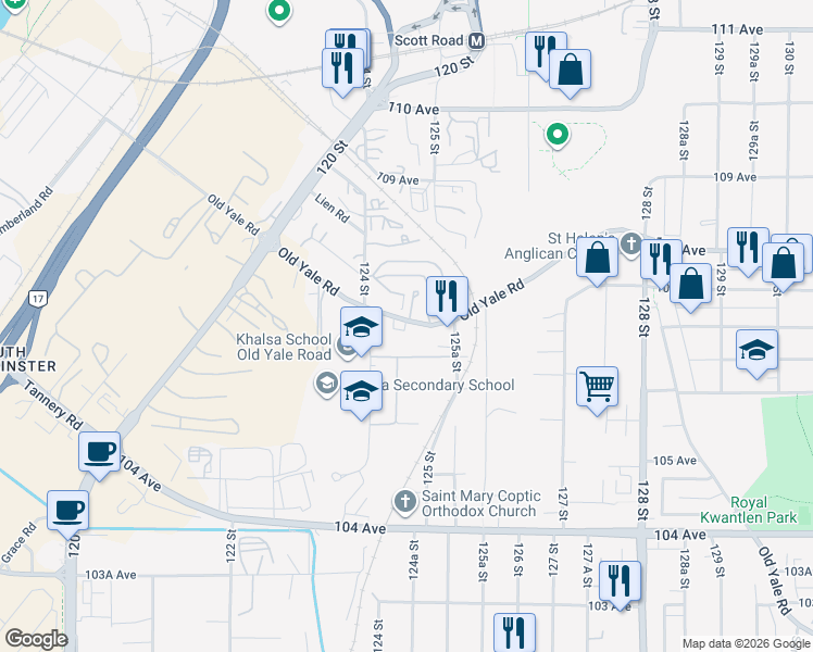 map of restaurants, bars, coffee shops, grocery stores, and more near 12456 Old Yale Road in Surrey